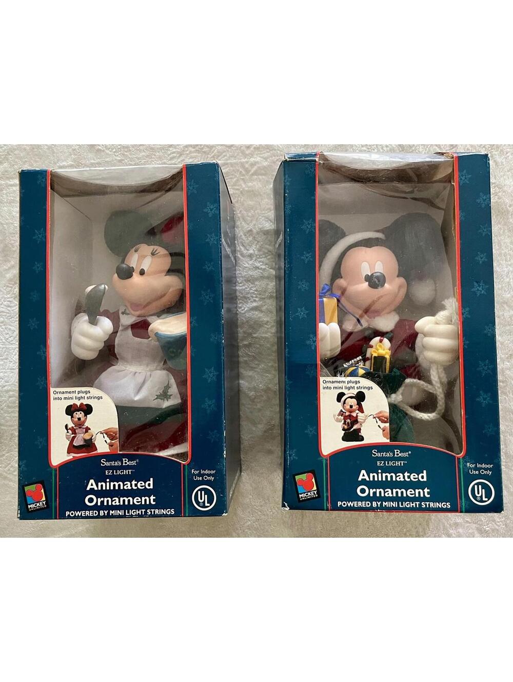 Disney Mickey & Minnie Animated Ornaments Santa’s Best EZ Light w/ Boxes